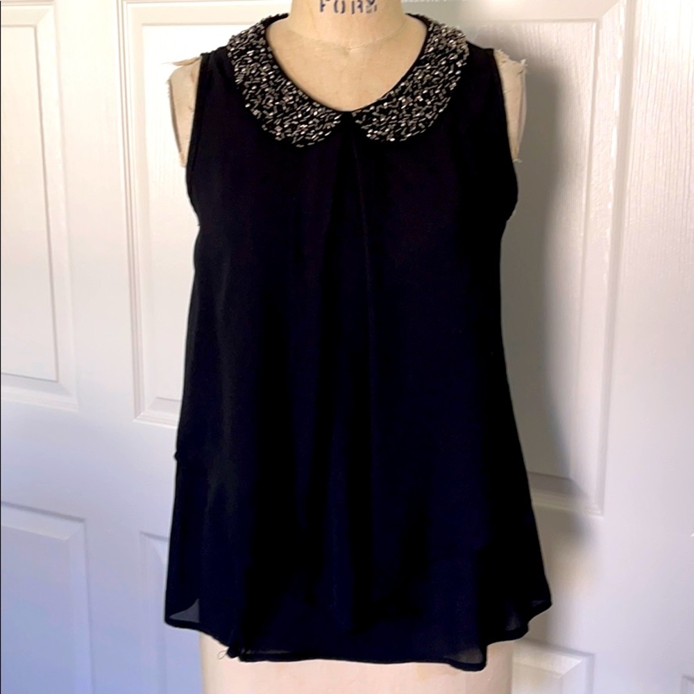 Flowy double layer chiffon top with beaded collar
